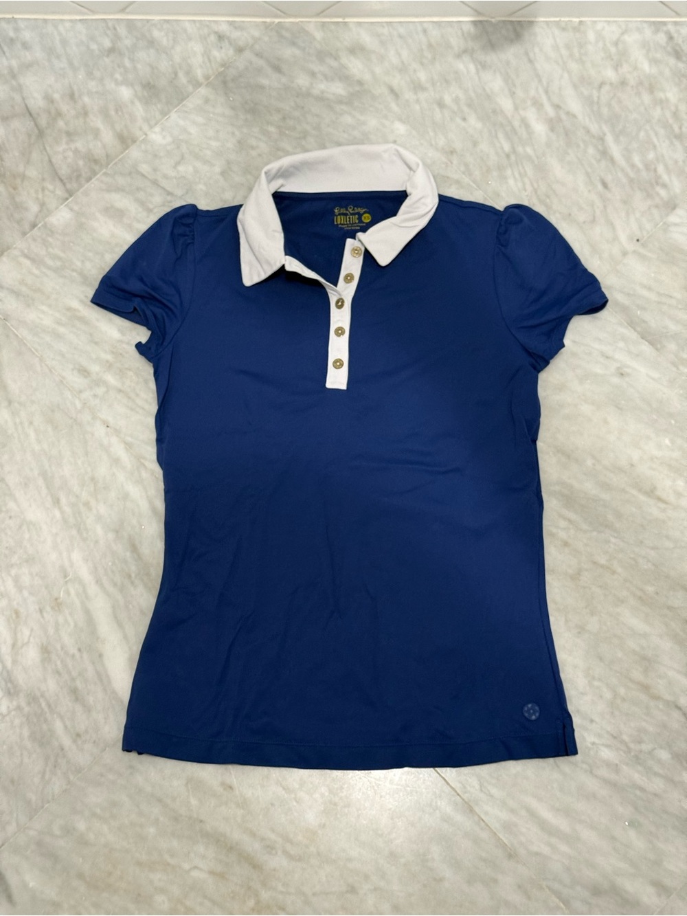 Lily Pulitzer Women's Blue Polo Shirt with White Contrast Collar